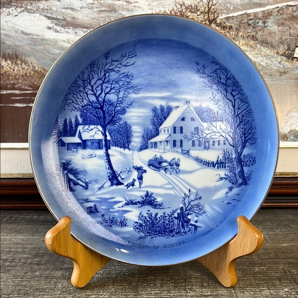 Vtg Currier & Ives The Homestead in Winter Blue Winter Scene Decorative Plate